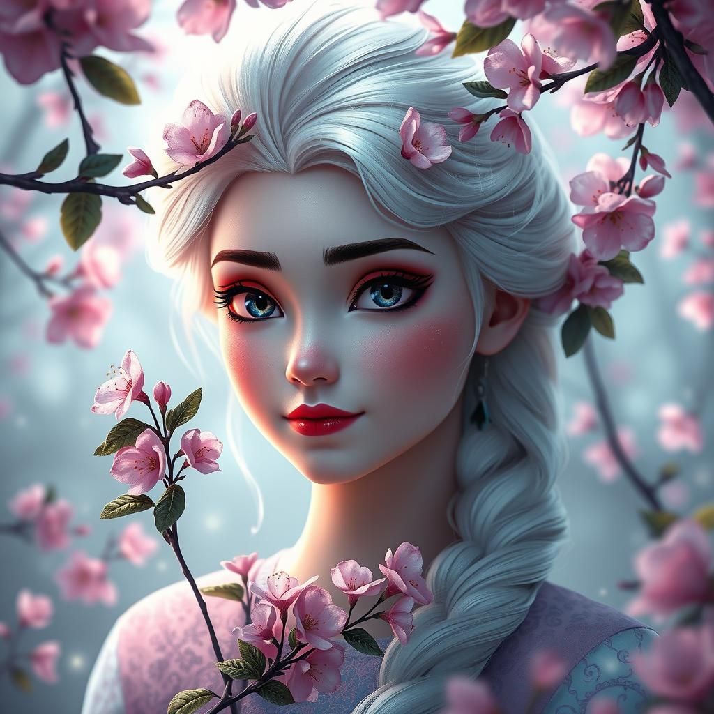 Detailed Portrait with Cherry Blossoms in Volumetric Lightin...