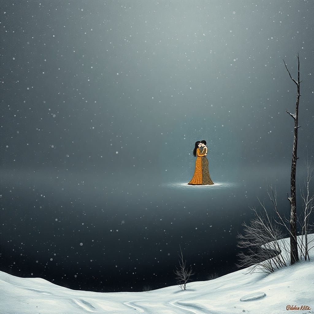 Klimt-Inspired Winter Embrace with Gold Leaf Figures