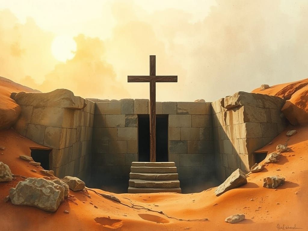 Resurrection Tomb in Serene Watercolor Oil Style