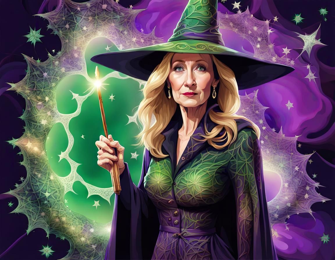 J K Rowling wearing a witch costume and hat holding a wand, ...