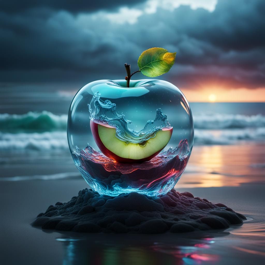 Neon Apple Double Exposure on Stormy Sea