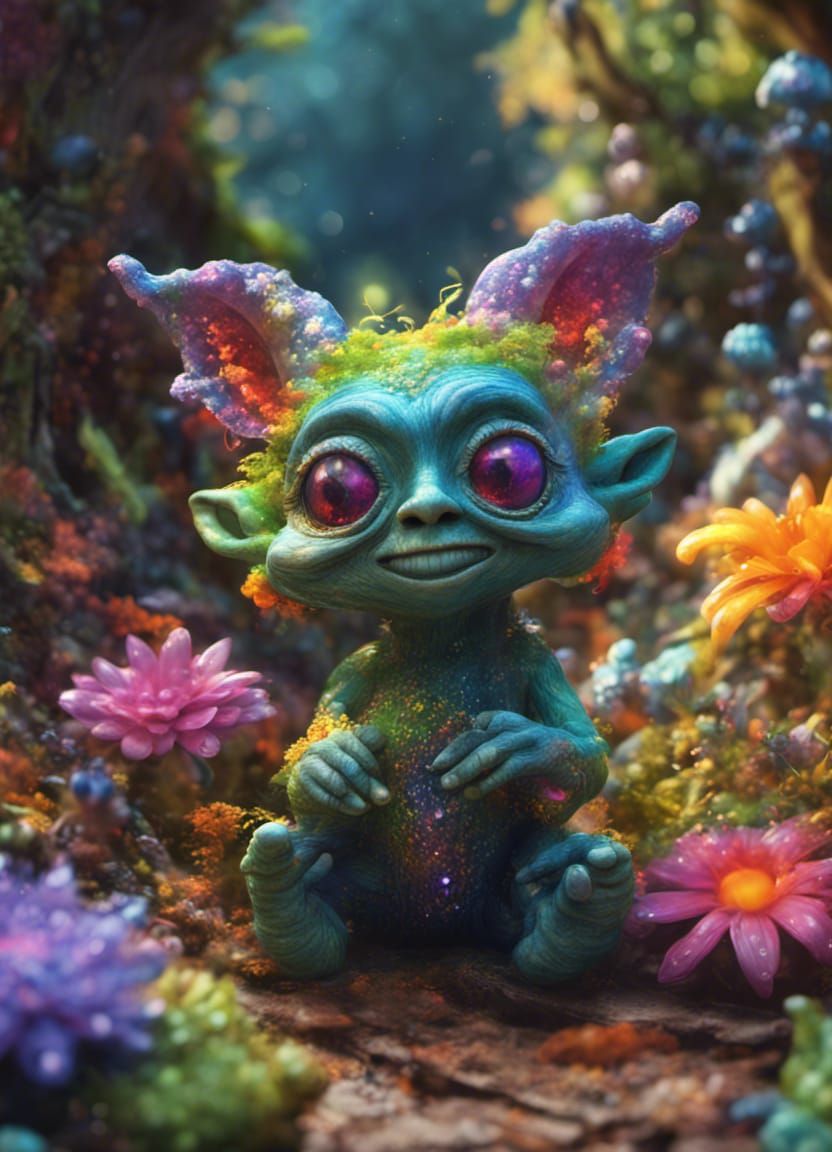 Adorable Goblin in Surreal Rainbow Forest