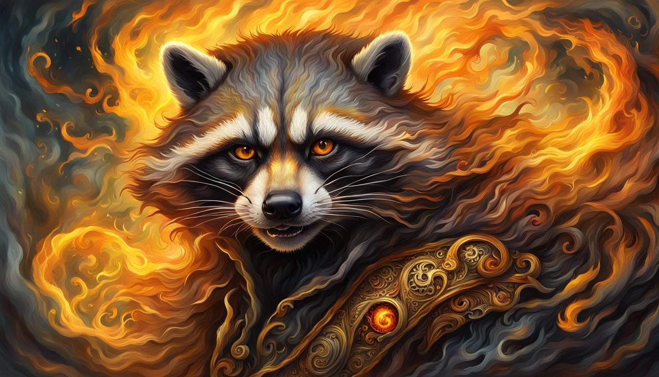 Fantasy Fire Racoon Portrait in Watercolor Style