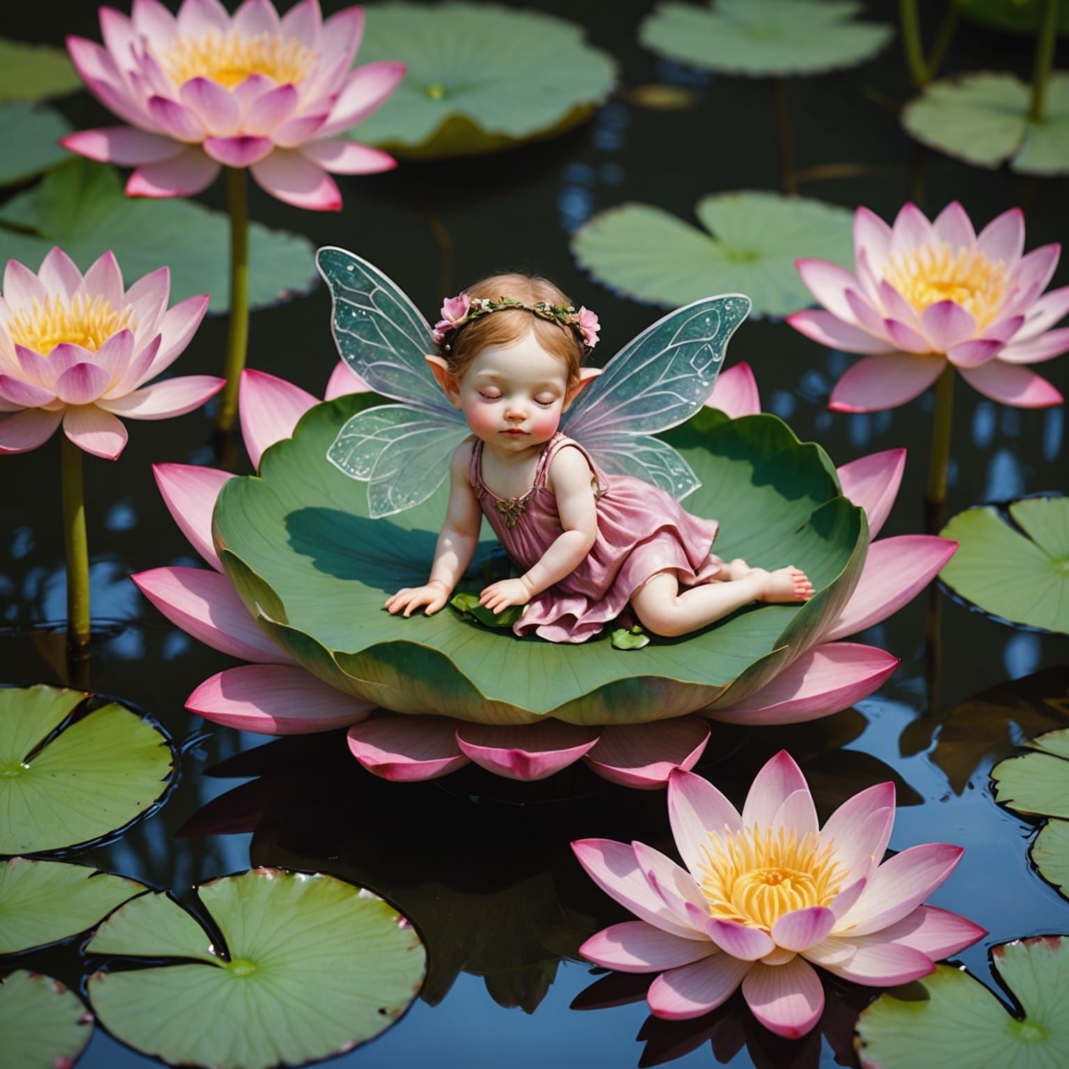 Sleeping Fairy on Lotus Flower, Art Nouveau