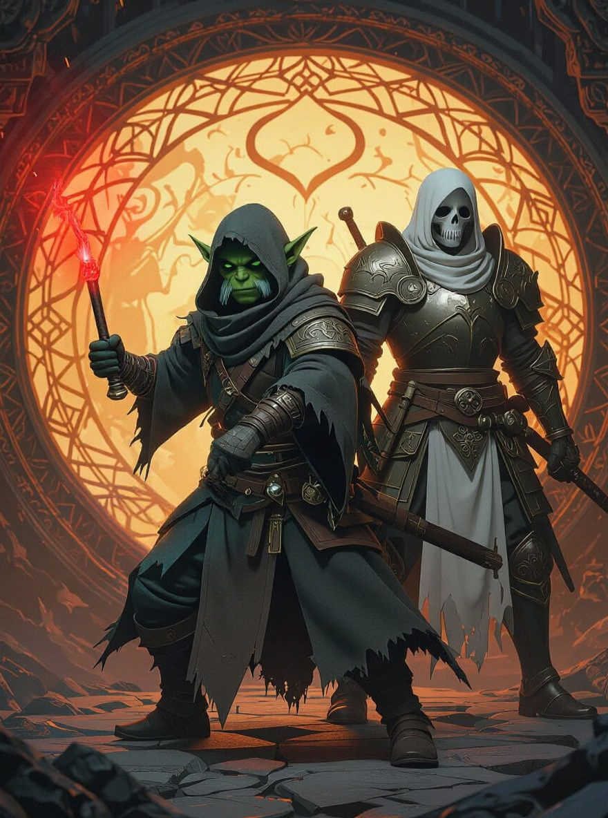 Half-Orc Necromancer and Warrior Ghost in Anime Style