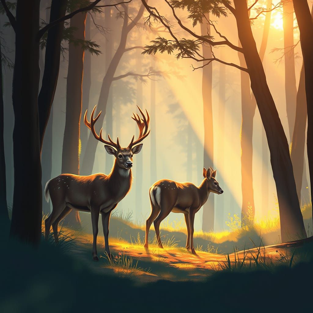 Deer in Golden Light: Ethereal Digital Illustration