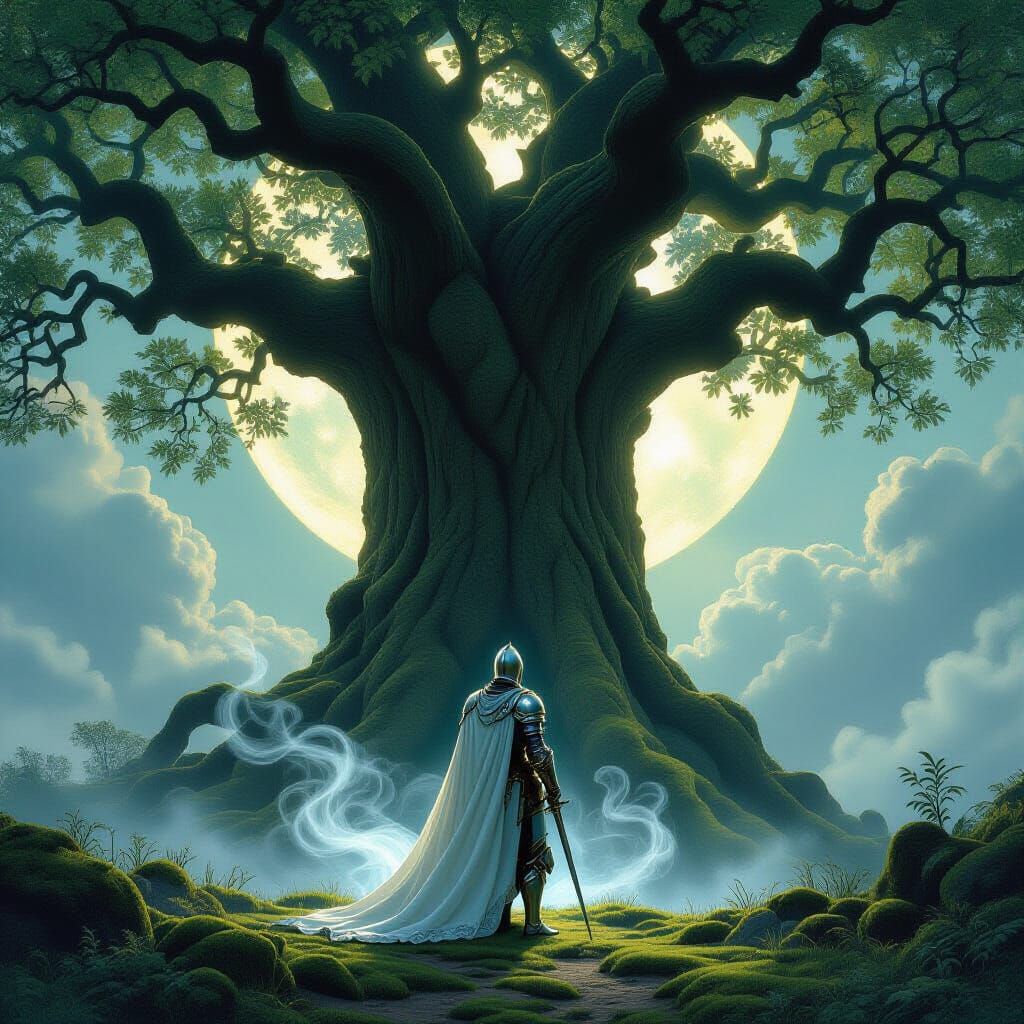 Knight Silhouetted by Ancient Oak Under Ethereal Moonlight