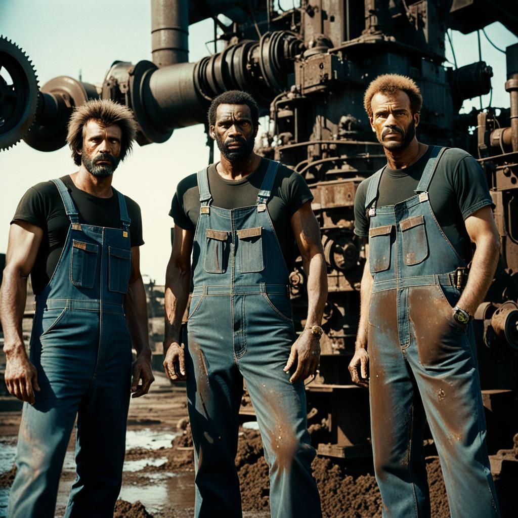 Gritty 70s Industrial Film Still with Men and Machinery