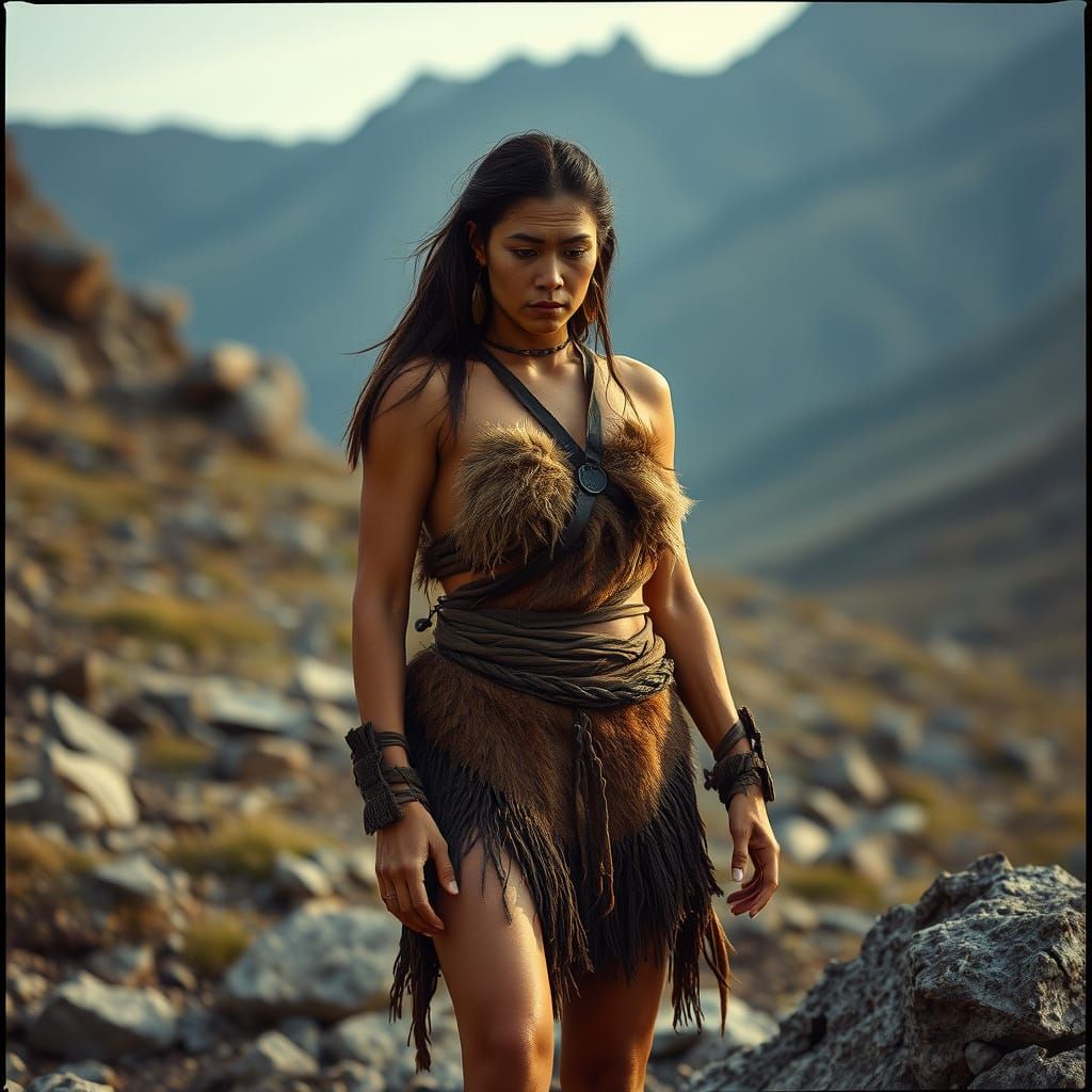 Strong Neanderthal Woman in Rugged Landscape