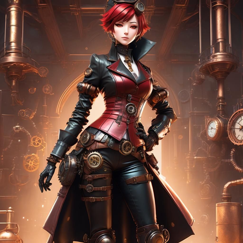 Anime Steampunk Girl in Detailed Leather Outfit