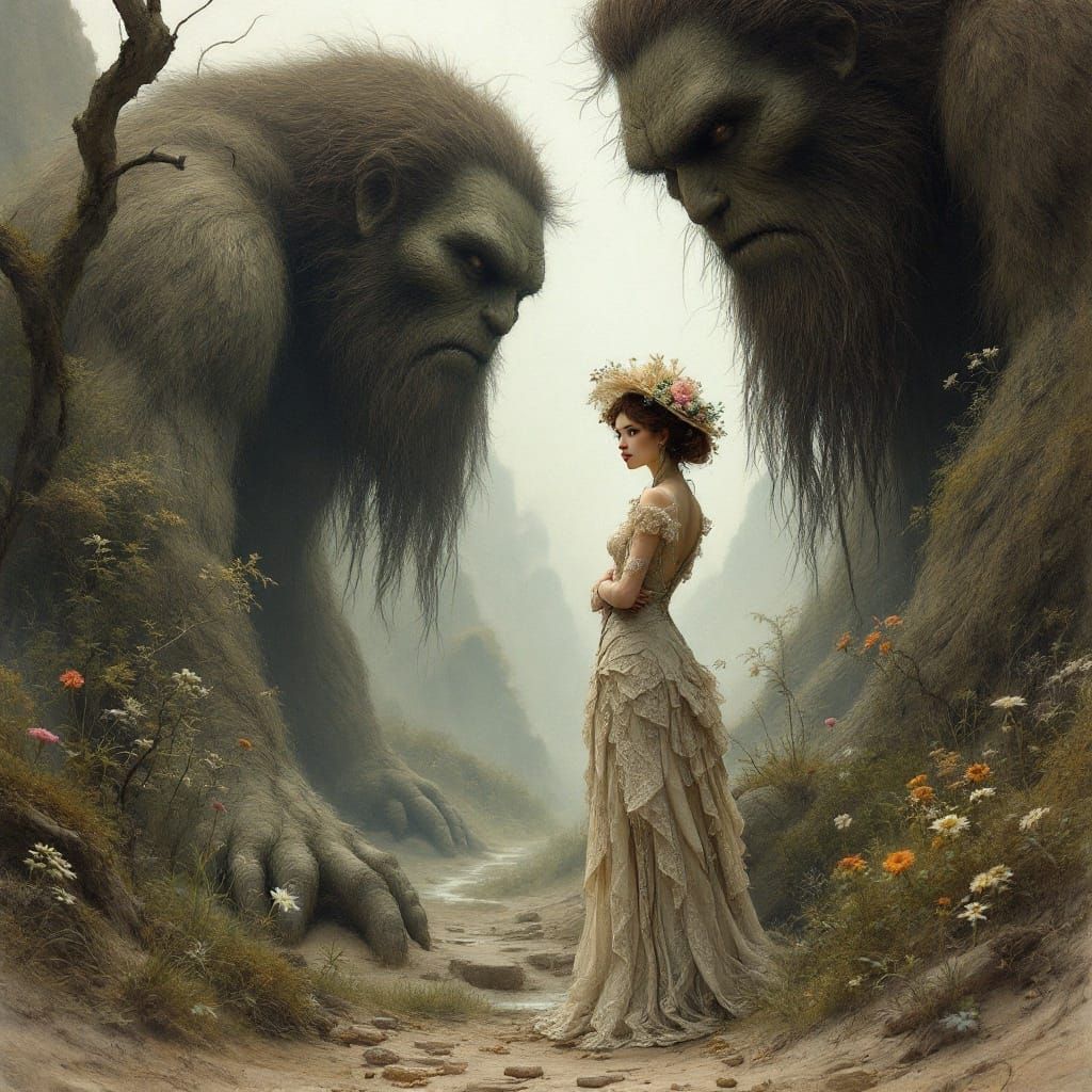 Tiny Woman Conquers Mythical Giants in Whimsical Realm