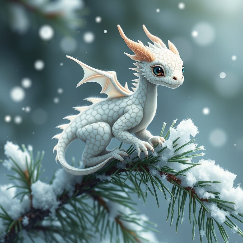 Whimsical White Dragon in Snowy Winter Scene