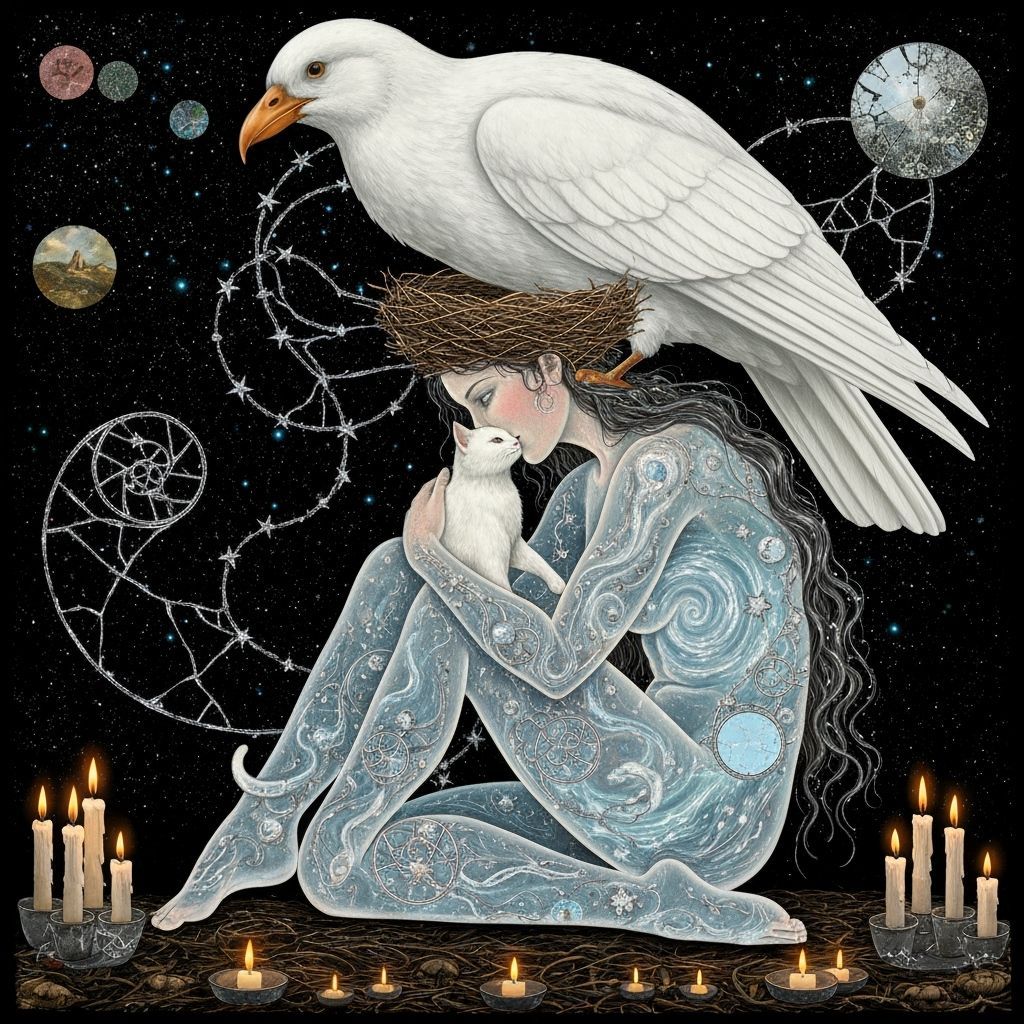 Ethereal Woman with Translucent Form and Bioluminescent Cat