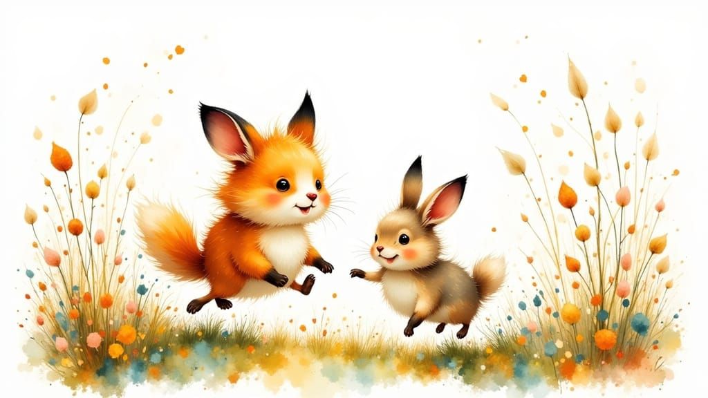 Fox and Rabbit Friends Playing in High Grass