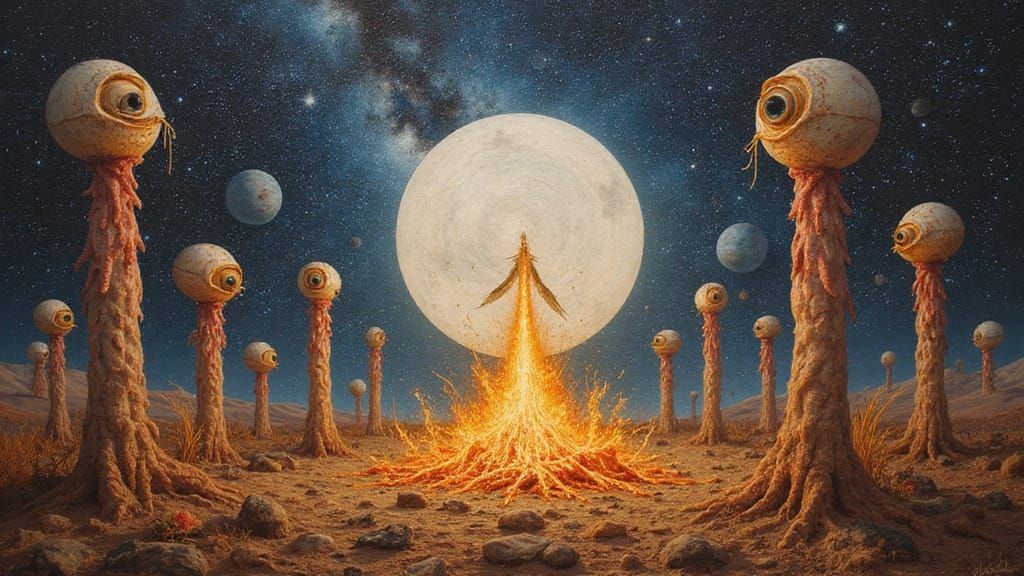 Cosmic Phoenix Rises Over Marble Disc with Eyes and Symbols