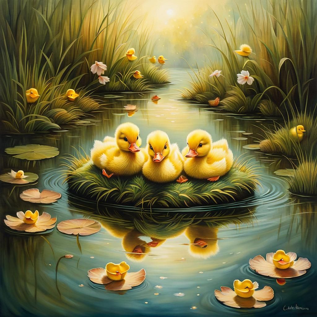 Adorable Ducklings in Pond: Whimsical Storybook Scene