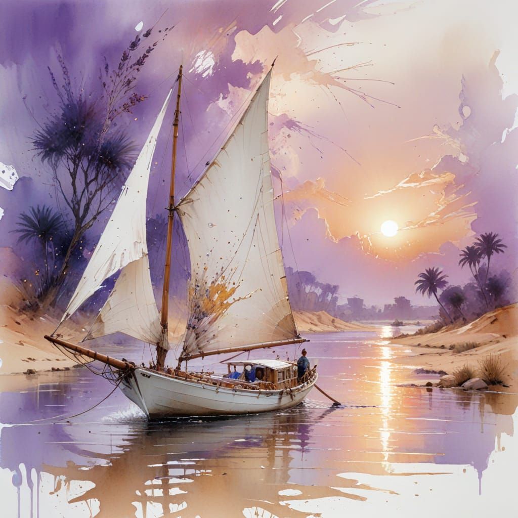 Nile Felucca at Twilight: Pastel Realism Painting