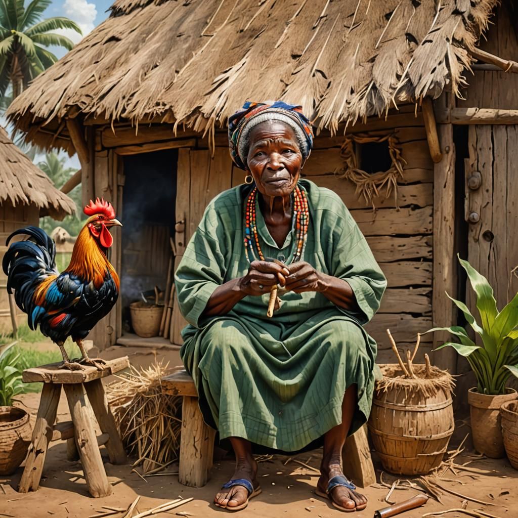Vibrant African Scene with Woman Smoking Pipe