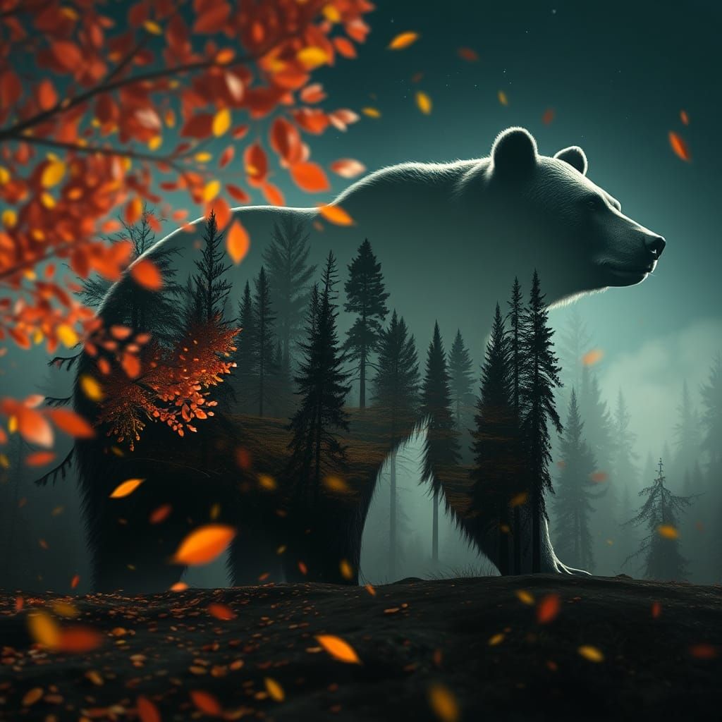 Double Exposure Bear in Autumnal Forest