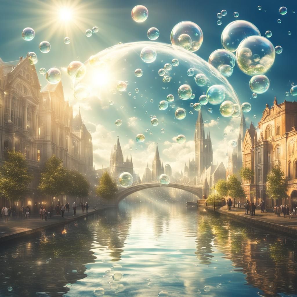 Futuristic City in Water Bubbles Under Divine Light