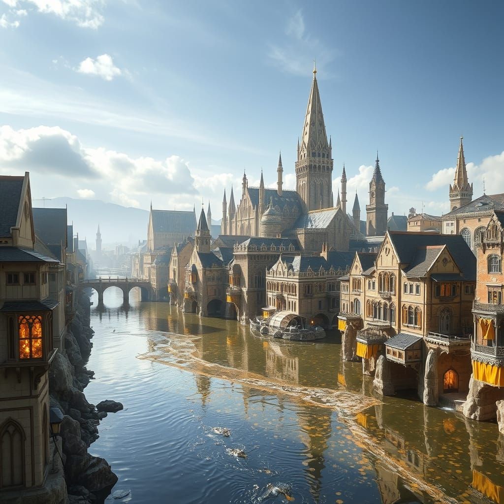 Medieval City Made of Water, Shimmering Prisms and Gold Rive...