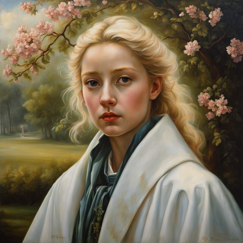 Baroque Portrait of a Blonde Woman in a Spring Park