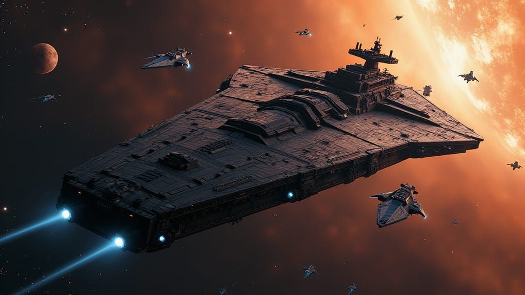 Sci-Fi Battleship in Deep Space with Escort Ships