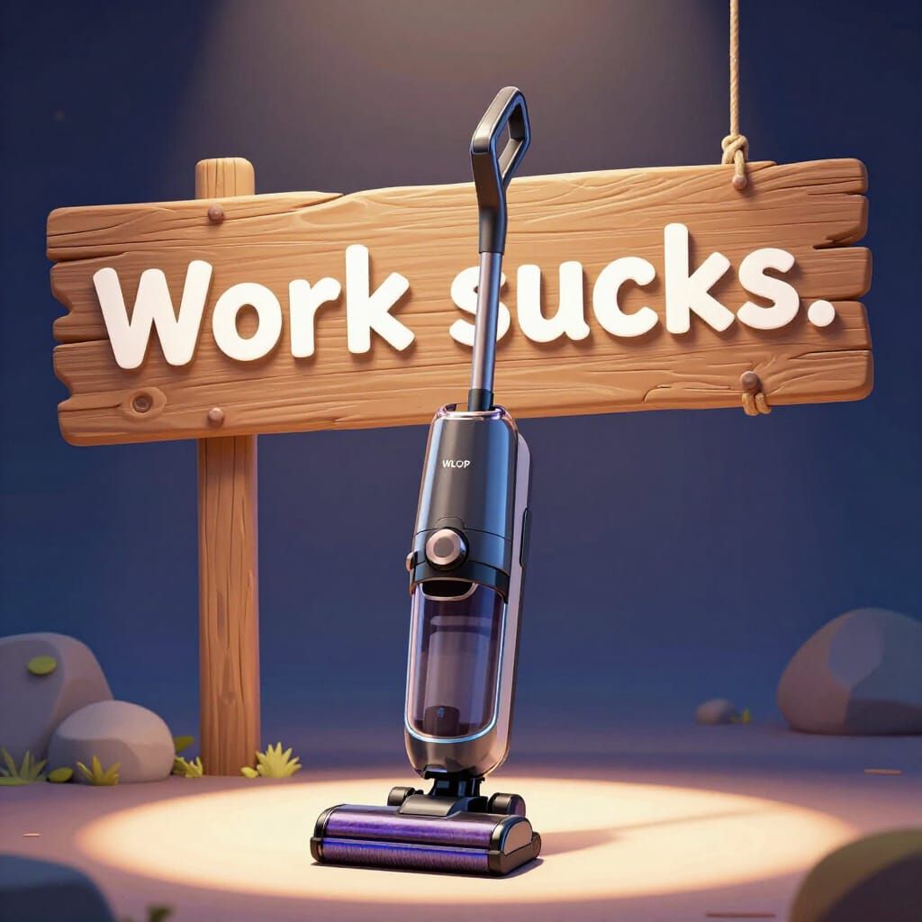 Modern Vacuum Cleaner & "Work Sucks" Sign in 3D Anime Style