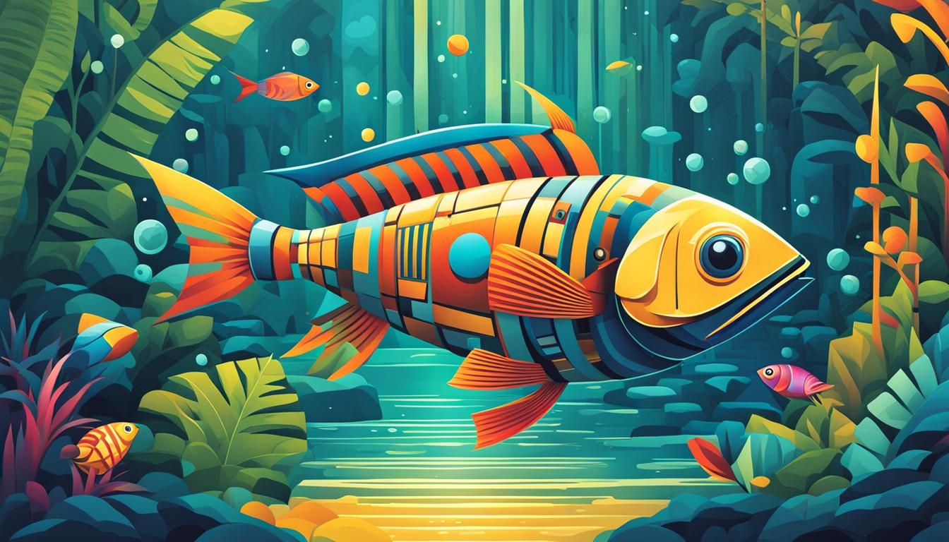 Mechanical Robot-Fish in Jungle River: Cubist Cartoon