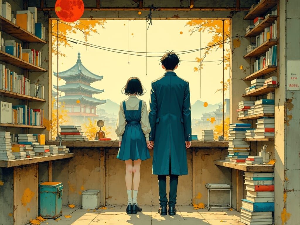 Charming Korean Bookstore Scene in Pastel Anime Style