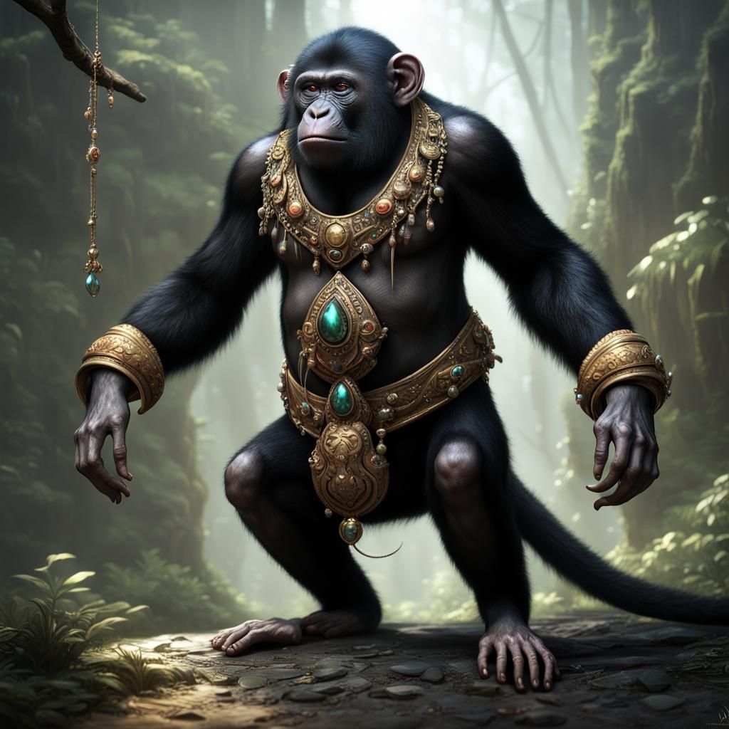 Monkey-Gorilla Hybrid with Jeweled Tail: Dark Fantasy Art