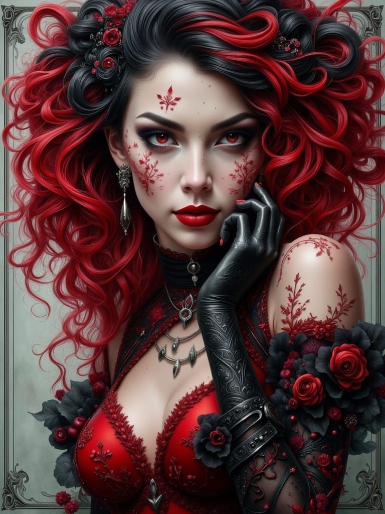 Vampiric Woman in Red & Black Attire