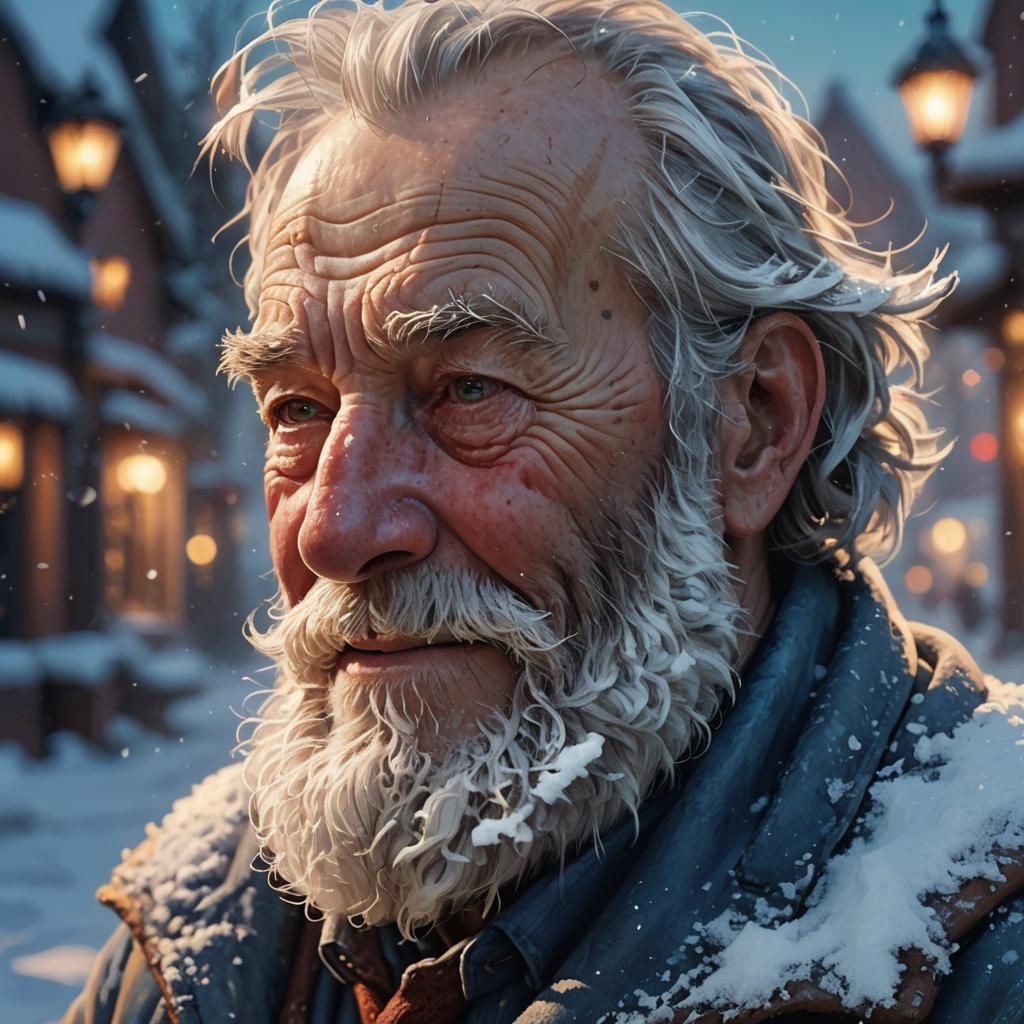 Old Man Shelters Mouse from Snow in his Beard