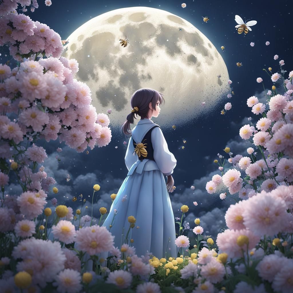 Magical Moon Fairytale with Bee Girl: Anime Art