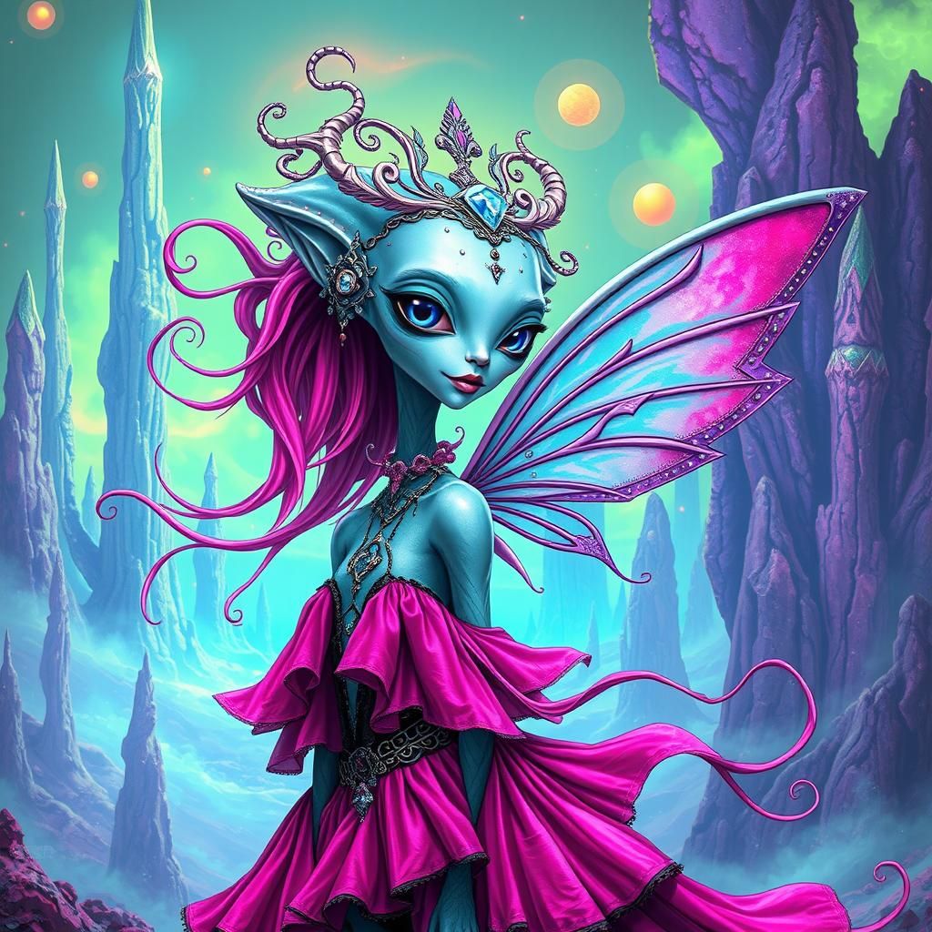 a funky sparkling alien female with an elongated head pale b...
