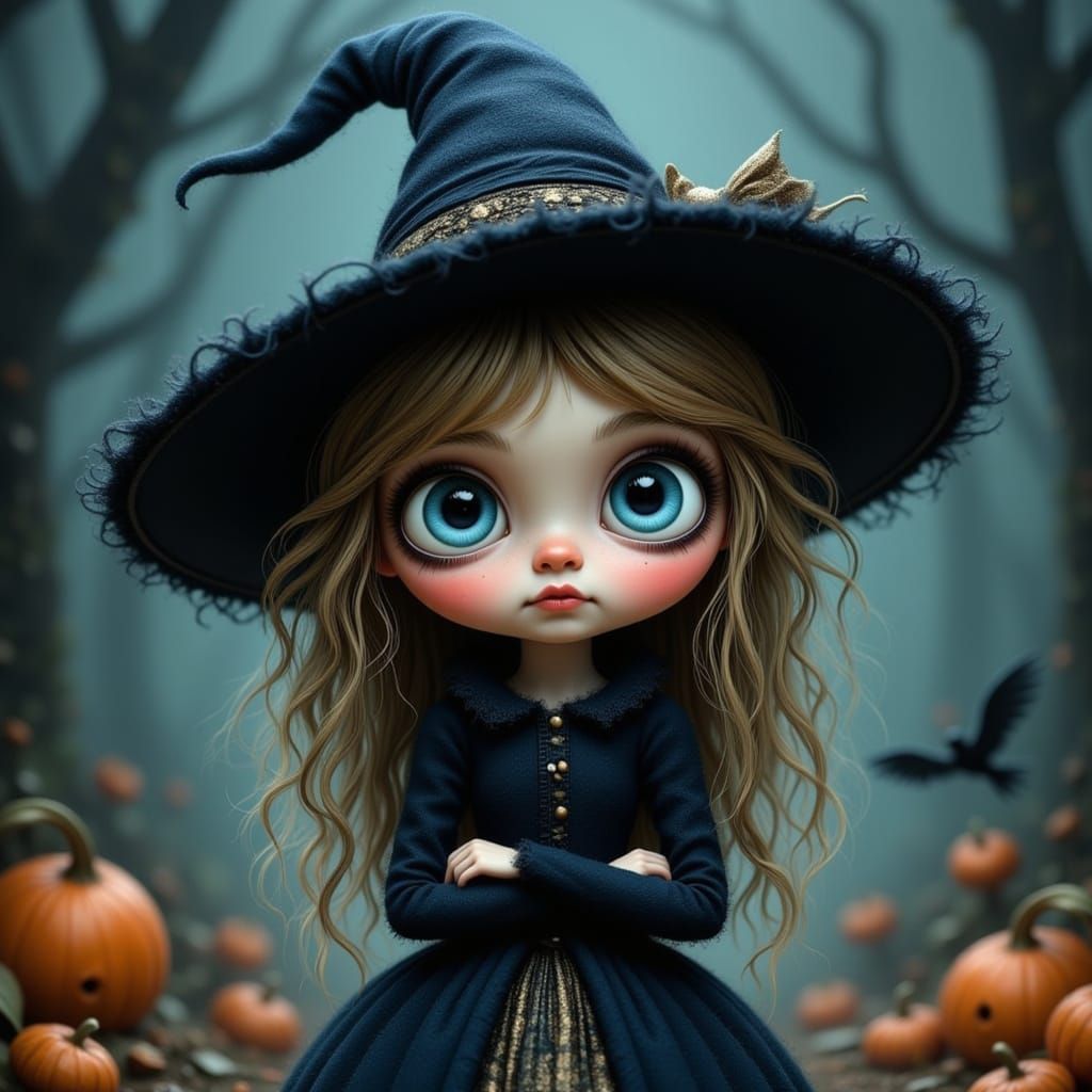 Adorable Witch Girl with Big Eyes in Twilight Glow