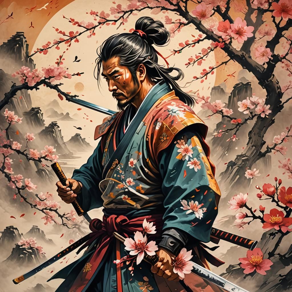 Samurai and Blossoms in Chinese Scroll Style