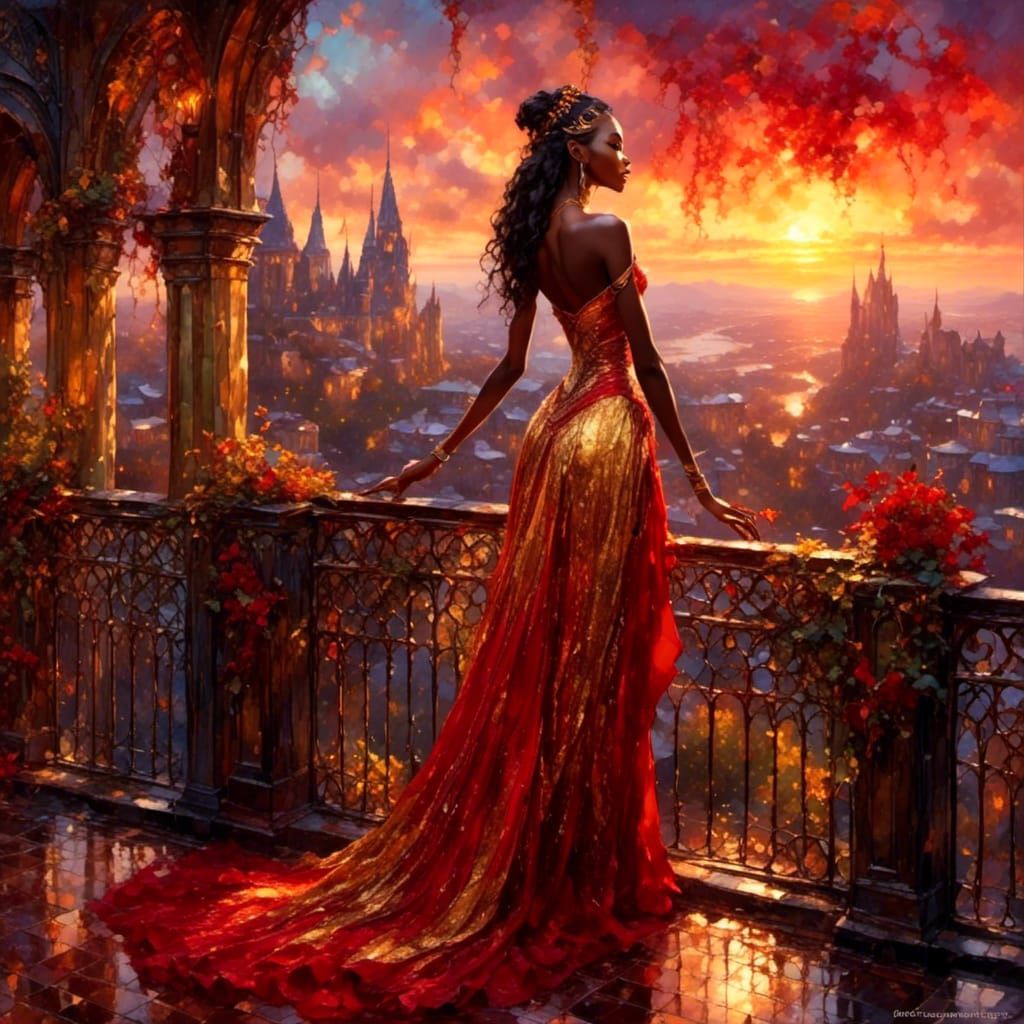 Lady on the Balcony - red and gold 1