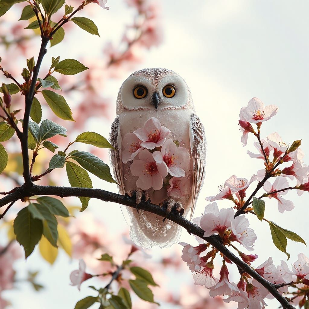 Ghostly Owl with Sakura Flowers in Dreamy Spring Scene