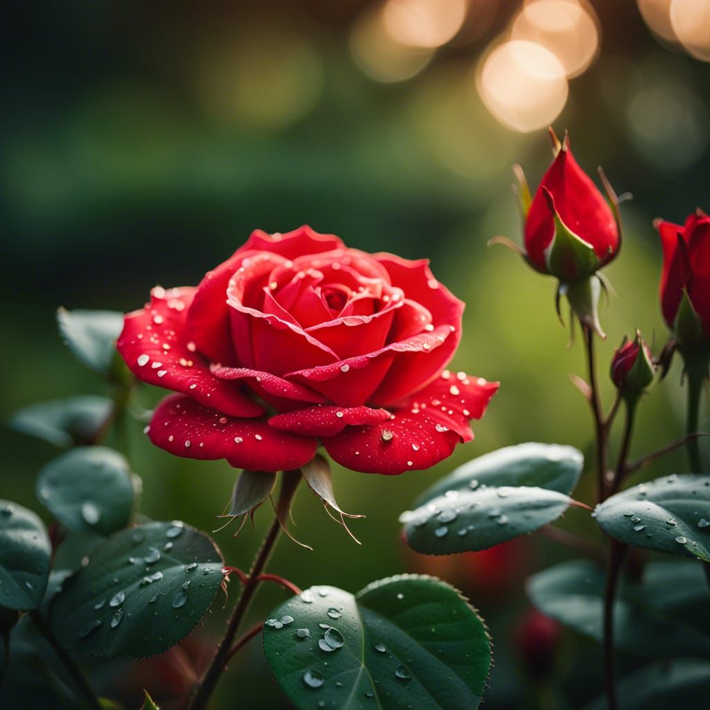 Blooming Red Rose in Lush Green Garden