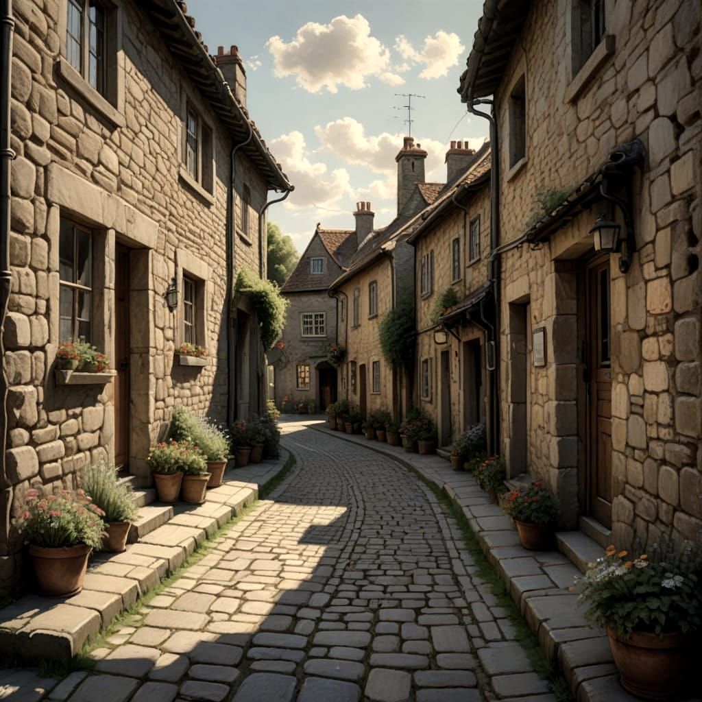 Village Street in Soft Pastel Chalk Sketch Style