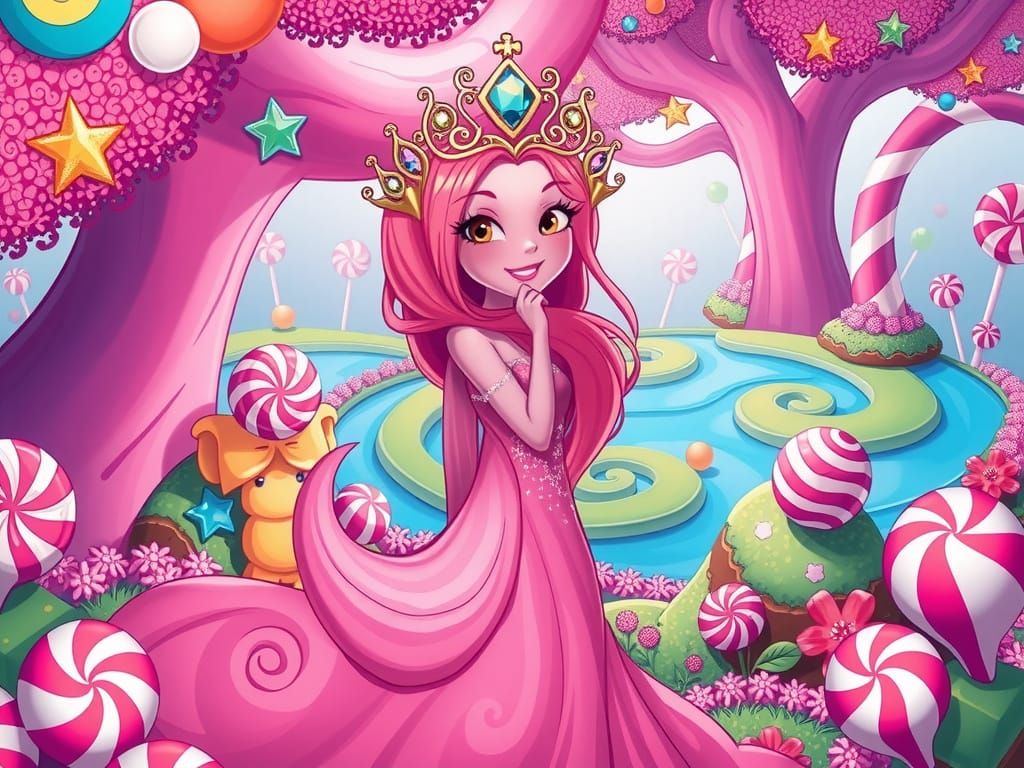 Whimsical Cartoon Princess Bubblegum Portrait in Candy Fores...