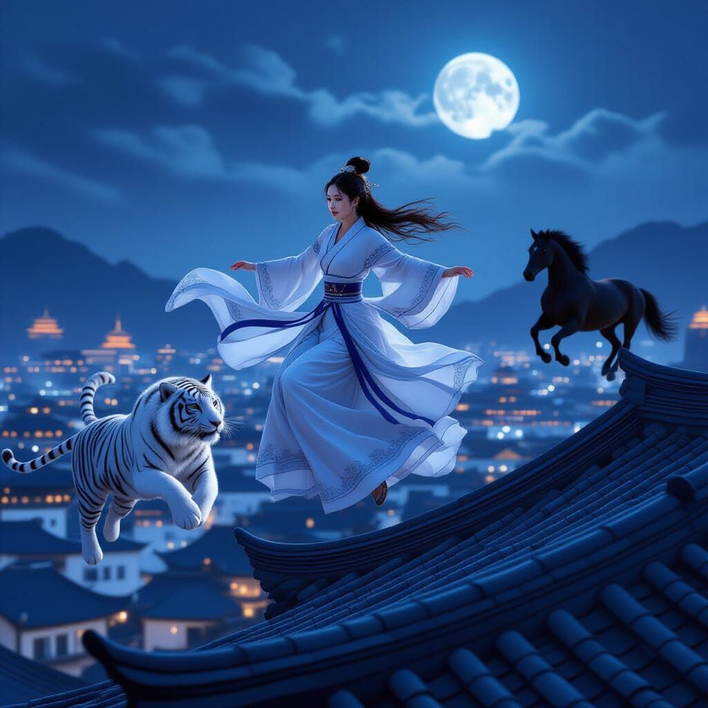 Girl in Hanfu Leaping Over City with White Tiger