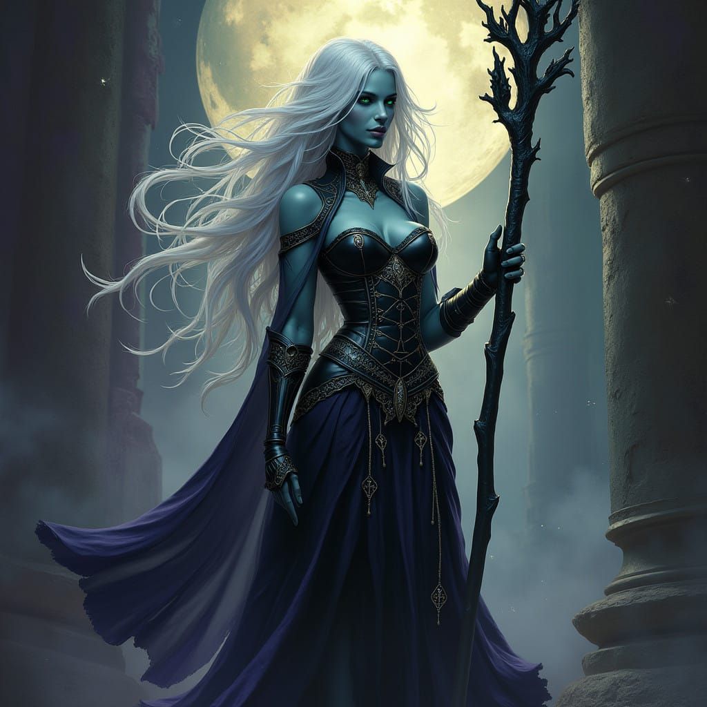 Dark Fantasy Drow Sorceress in Moonlit Splendor