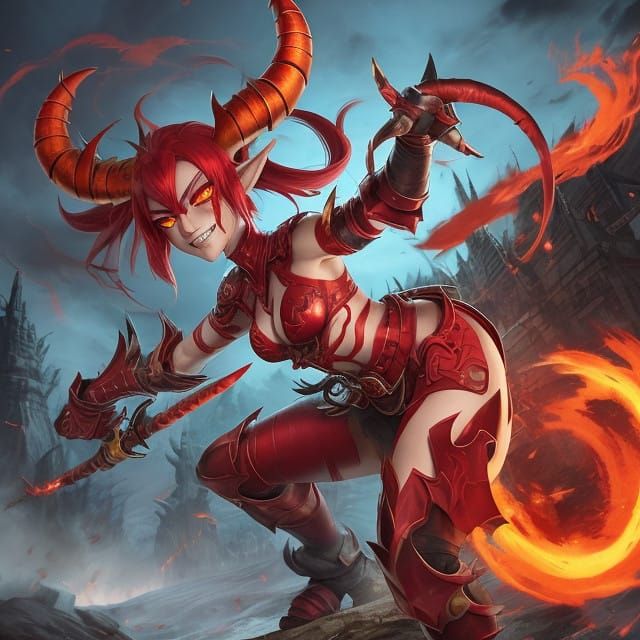 Warrior Goddess with Fiery Skin and Horns