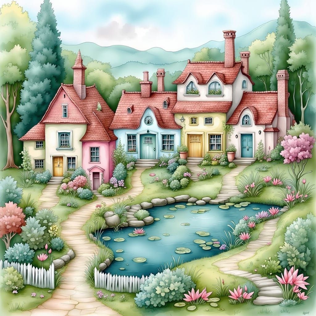 Whimsical Gaudi-Inspired Village with Colourful Houses and G...