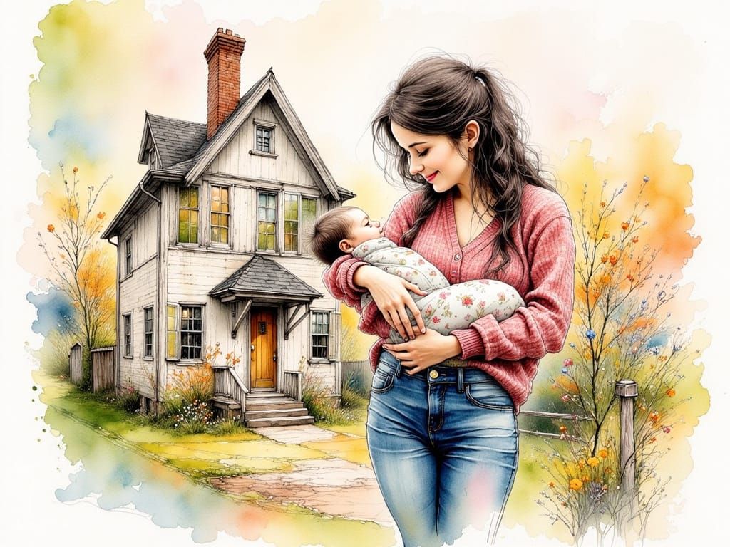 Happy Family in Vibrant Ink Drawing Style