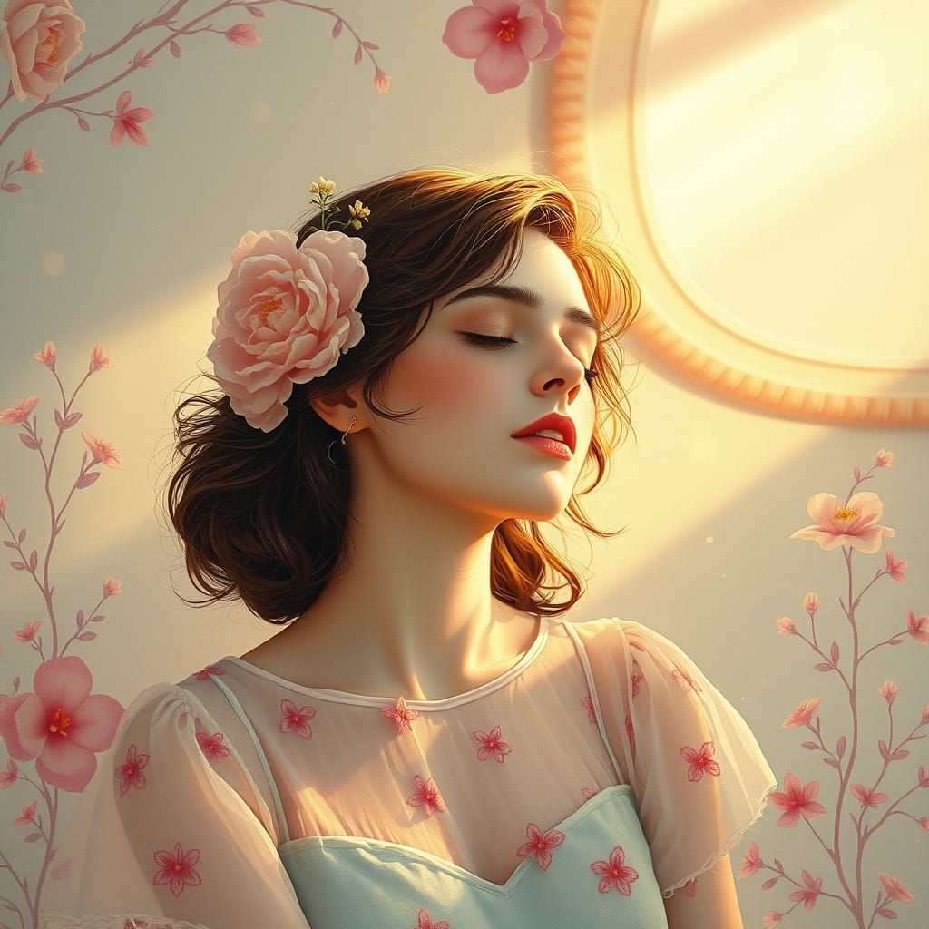 Ethereal Woman in Thought with Pastel Floral Design