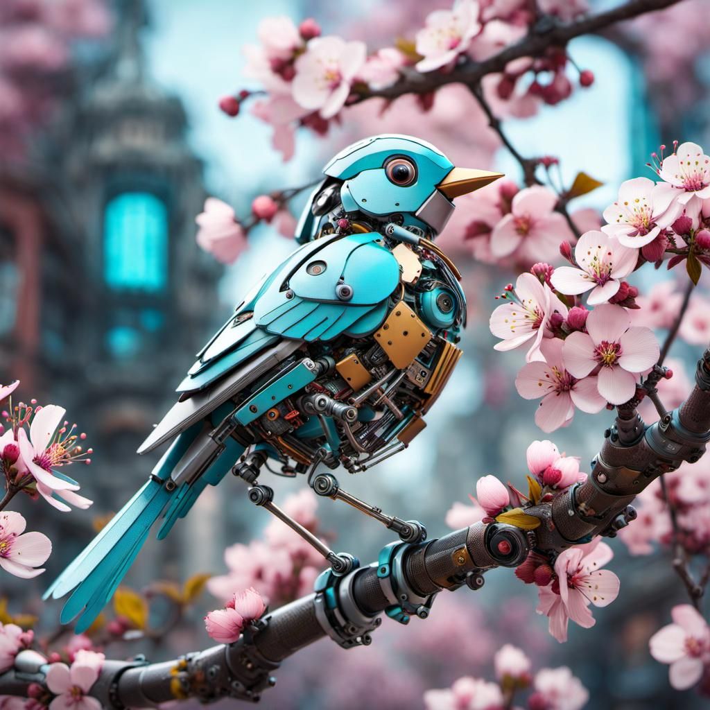 Robotic Bird Among Blossoms in Detailed Digital Art