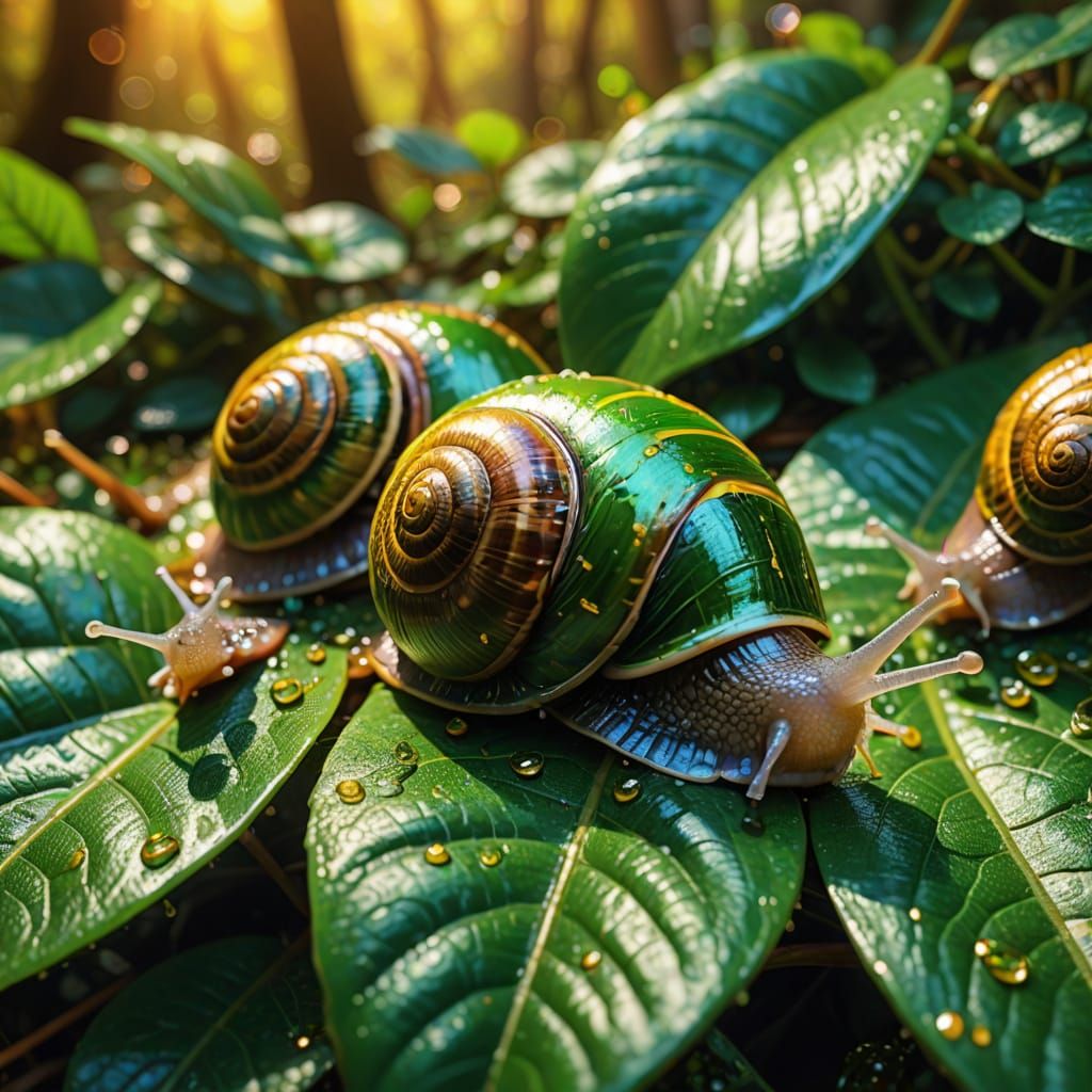 Macro Image of Snails on Leaf in Digital Art